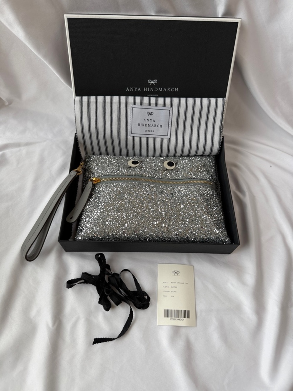 NWT Anya Hindmarch Silver Glitter Circulus Eyes Clutch Wristlet Pouch Bag